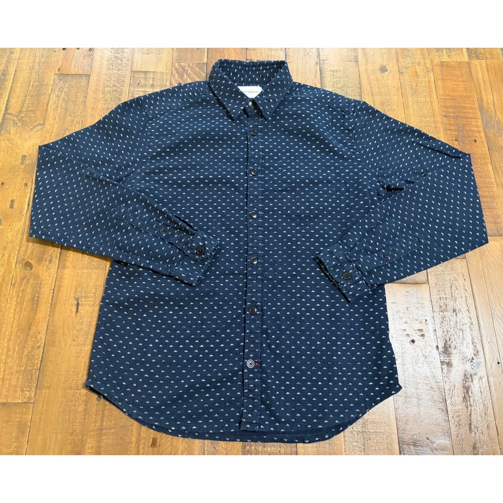 Oliver Spencer Men Navy Blue Geometric Triangle Print Cotton Button Down Size 15